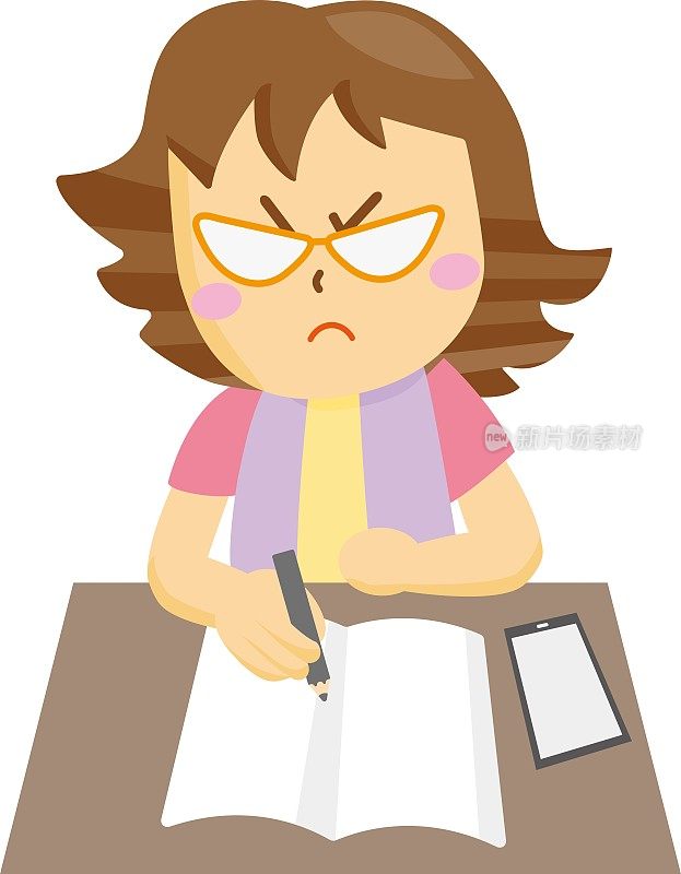 一脸生气在桌子上写东西的女人，桌子上的智能手机/插图材料(矢量插图)